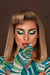 Woman with dramatic makeup and a colorful outfit against a brown background