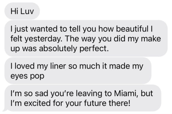 Text message conversation expressing appreciation for makeup and support.
