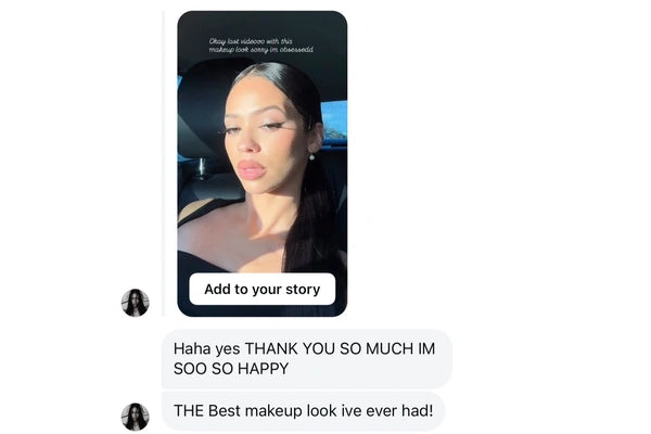 Phone screen showing a makeup photo and text overlay on a white background