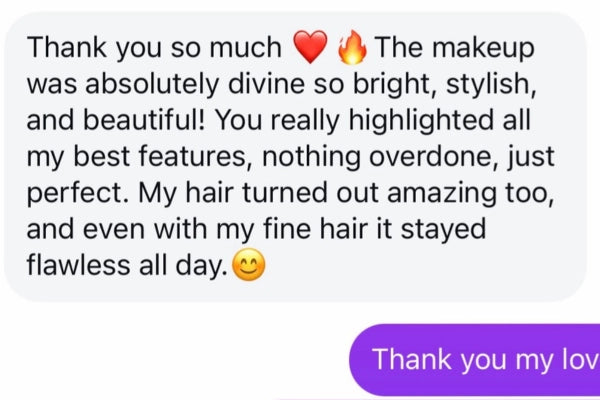 Text message expressing gratitude for makeup and hair services with heart and flame emojis.